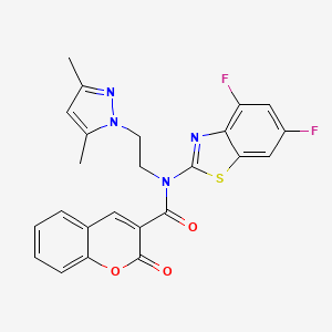 molecular formula C24H18F2N4O3S B2524558 N-(4,6-difluoro-1,3-benzothiazol-2-yl)-N-[2-(3,5-dimethyl-1H-pyrazol-1-yl)ethyl]-2-oxo-2H-chromene-3-carboxamide CAS No. 1172011-30-1