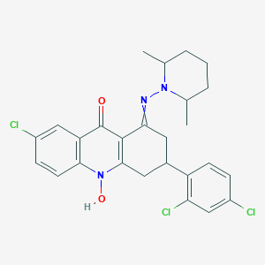 molecular formula C26H26Cl3N3O2 B025246 7-Chloro-3-(2,4-dichlorophenyl)-1-[(2,6-dimethylpiperidin-1-yl)imino]-10-hydroxy-1,3,4,10-tetrahydroacridin-9(2H)-one CAS No. 102192-59-6