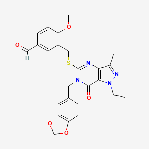 molecular formula C25H24N4O5S B2524890 3-(((6-(benzo[d][1,3]dioxol-5-ylmethyl)-1-ethyl-3-methyl-7-oxo-6,7-dihydro-1H-pyrazolo[4,3-d]pyrimidin-5-yl)thio)methyl)-4-methoxybenzaldehyde CAS No. 1286647-30-0