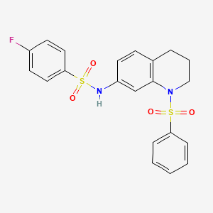 molecular formula C21H19FN2O4S2 B2524894 N-[1-(benzenesulfonyl)-1,2,3,4-tetrahydroquinolin-7-yl]-4-fluorobenzene-1-sulfonamide CAS No. 951519-46-3
