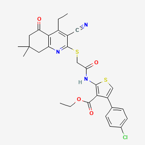 molecular formula C29H28ClN3O4S2 B2524935 ethyl 4-(4-chlorophenyl)-2-{2-[(3-cyano-4-ethyl-7,7-dimethyl-5-oxo-5,6,7,8-tetrahydroquinolin-2-yl)sulfanyl]acetamido}thiophene-3-carboxylate CAS No. 670272-90-9