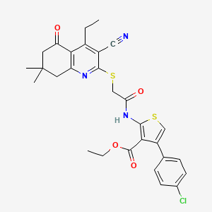 molecular formula C29H28ClN3O4S2 B2524935 Ethyl 4-(4-chlorophenyl)-2-[[2-[(3-cyano-4-ethyl-7,7-dimethyl-5-oxo-6,8-dihydroquinolin-2-yl)sulfanyl]acetyl]amino]thiophene-3-carboxylate CAS No. 670272-90-9