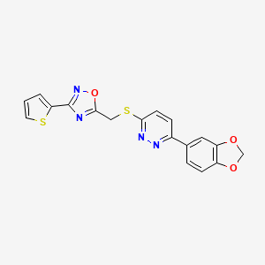 molecular formula C18H12N4O3S2 B2524944 3-(1,3-Benzodioxol-5-yl)-6-({[3-(2-thienyl)-1,2,4-oxadiazol-5-yl]methyl}thio)pyridazine CAS No. 1115285-18-1
