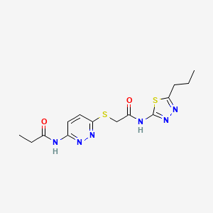 molecular formula C14H18N6O2S2 B2525056 N-[6-({[(5-propyl-1,3,4-thiadiazol-2-yl)carbamoyl]methyl}sulfanyl)pyridazin-3-yl]propanamide CAS No. 1021061-26-6