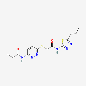 molecular formula C14H18N6O2S2 B2525056 N-(6-((2-oxo-2-((5-propyl-1,3,4-thiadiazol-2-yl)amino)ethyl)thio)pyridazin-3-yl)propionamide CAS No. 1021061-26-6