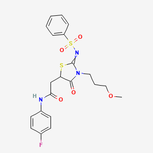 molecular formula C21H22FN3O5S2 B2525109 2-[2-(benzenesulfonylimino)-3-(3-methoxypropyl)-4-oxo-1,3-thiazolidin-5-yl]-N-(4-fluorophenyl)acetamide CAS No. 620568-52-7