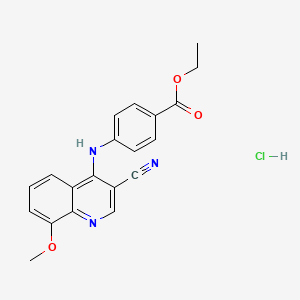 molecular formula C20H18ClN3O3 B2525145 Ethyl 4-((3-cyano-8-methoxyquinolin-4-yl)amino)benzoate hydrochloride CAS No. 1323535-11-0