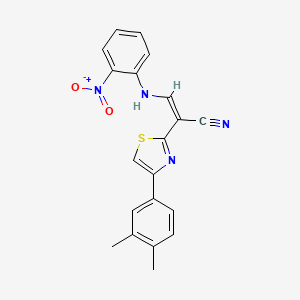 molecular formula C20H16N4O2S B2525167 (Z)-2-(4-(3,4-dimethylphenyl)thiazol-2-yl)-3-((2-nitrophenyl)amino)acrylonitrile CAS No. 476676-64-9