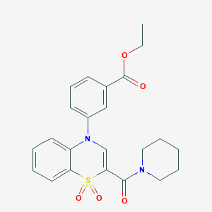 molecular formula C23H24N2O5S B2525656 ethyl 3-[1,1-dioxido-2-(piperidin-1-ylcarbonyl)-4H-1,4-benzothiazin-4-yl]benzoate CAS No. 1251671-32-5