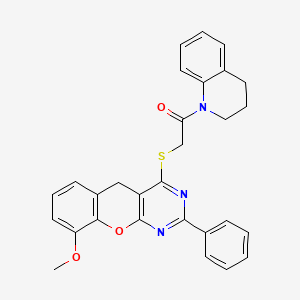 molecular formula C29H25N3O3S B2525657 2-({9-methoxy-2-phenyl-5H-chromeno[2,3-d]pyrimidin-4-yl}sulfanyl)-1-(1,2,3,4-tetrahydroquinolin-1-yl)ethan-1-one CAS No. 895639-92-6