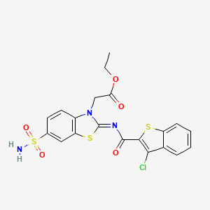 molecular formula C20H16ClN3O5S3 B2525722 ethyl 2-[(2Z)-2-[(3-chloro-1-benzothiophene-2-carbonyl)imino]-6-sulfamoyl-2,3-dihydro-1,3-benzothiazol-3-yl]acetate CAS No. 1164501-30-7