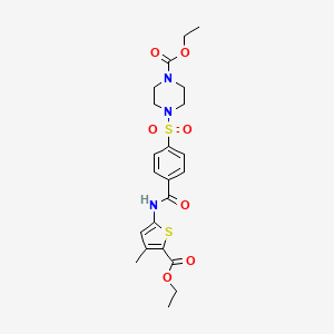 molecular formula C22H27N3O7S2 B2525755 ethyl 4-(4-{[5-(ethoxycarbonyl)-4-methylthiophen-2-yl]carbamoyl}benzenesulfonyl)piperazine-1-carboxylate CAS No. 477568-20-0