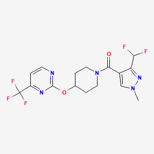 molecular formula C16H16F5N5O2 B2526044 2-({1-[3-(difluoromethyl)-1-methyl-1H-pyrazole-4-carbonyl]piperidin-4-yl}oxy)-4-(trifluoromethyl)pyrimidine CAS No. 2380096-67-1