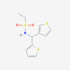 molecular formula C11H13NO2S3 B2526114 N-(thiophen-2-yl(thiophen-3-yl)methyl)ethanesulfonamide CAS No. 2319833-96-8
