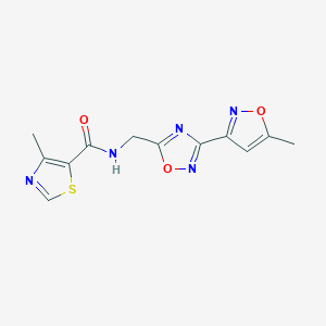 molecular formula C12H11N5O3S B2526564 4-methyl-N-((3-(5-methylisoxazol-3-yl)-1,2,4-oxadiazol-5-yl)methyl)thiazole-5-carboxamide CAS No. 2034453-01-3