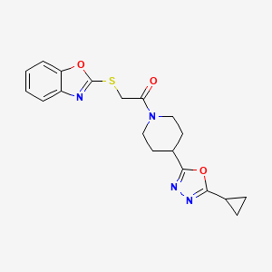 molecular formula C19H20N4O3S B2526985 2-(1,3-benzoxazol-2-ylsulfanyl)-1-[4-(5-cyclopropyl-1,3,4-oxadiazol-2-yl)piperidin-1-yl]ethan-1-one CAS No. 1208788-09-3