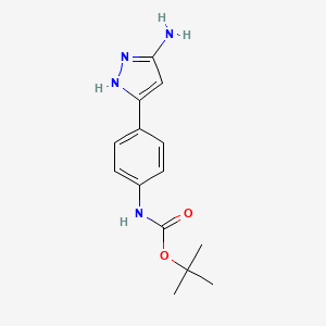 molecular formula C14H18N4O2 B2527076 Carbamic acid, N-[4-(5-amino-1H-pyrazol-3-yl)phenyl]-, 1,1-dimethylethyl ester CAS No. 1870901-39-5