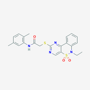molecular formula C22H22N4O3S2 B2527090 N-(2,5-dimethylphenyl)-2-((6-ethyl-5,5-dioxido-6H-benzo[c]pyrimido[4,5-e][1,2]thiazin-2-yl)thio)acetamide CAS No. 951513-09-0