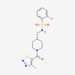 molecular formula C16H19FN4O3S2 B2527215 2-fluoro-N-((1-(4-methyl-1,2,3-thiadiazole-5-carbonyl)piperidin-4-yl)methyl)benzenesulfonamide CAS No. 1235159-54-2