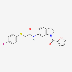 molecular formula C21H17FN2O3S B2527772 2-((4-fluorophenyl)thio)-N-(1-(furan-2-carbonyl)indolin-6-yl)acetamide CAS No. 1207037-87-3