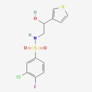 molecular formula C12H11ClFNO3S2 B2528199 3-chloro-4-fluoro-N-(2-hydroxy-2-(thiophen-3-yl)ethyl)benzenesulfonamide CAS No. 1257548-28-9