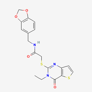 molecular formula C18H17N3O4S2 B2528375 N-[(2H-1,3-benzodioxol-5-yl)methyl]-2-({3-ethyl-4-oxo-3H,4H-thieno[3,2-d]pyrimidin-2-yl}sulfanyl)acetamide CAS No. 1252904-15-6