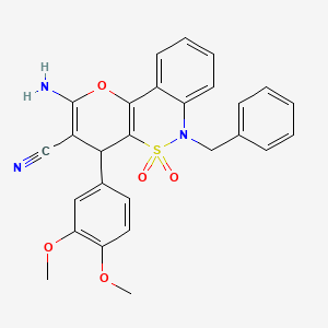molecular formula C27H23N3O5S B2529185 2-Amino-6-benzyl-4-(3,4-dimethoxyphenyl)-4,6-dihydropyrano[3,2-c][2,1]benzothiazine-3-carbonitrile 5,5-dioxide CAS No. 893318-30-4