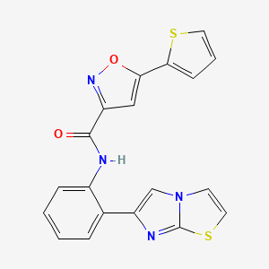 molecular formula C19H12N4O2S2 B2529377 N-(2-(imidazo[2,1-b]thiazol-6-yl)phenyl)-5-(thiophen-2-yl)isoxazole-3-carboxamide CAS No. 1798513-72-0