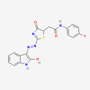 N-(4-fluorophenyl)-2-{(2E)-4-oxo-2-[(2Z)-(2-oxo-1,2-dihydro-3H-indol-3-ylidene)hydrazinylidene]-1,3-thiazolidin-5-yl}acetamide