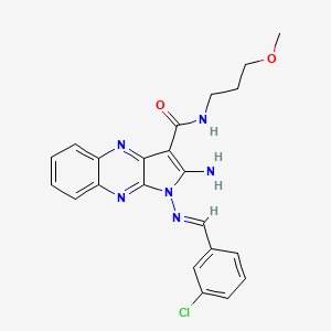 molecular formula C22H21ClN6O2 B2529418 (E)-2-amino-1-((3-chlorobenzylidene)amino)-N-(3-methoxypropyl)-1H-pyrrolo[2,3-b]quinoxaline-3-carboxamide CAS No. 839700-43-5