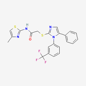 molecular formula C22H17F3N4OS2 B2529631 N-(4-methyl-1,3-thiazol-2-yl)-2-({5-phenyl-1-[3-(trifluoromethyl)phenyl]-1H-imidazol-2-yl}sulfanyl)acetamide CAS No. 1226456-91-2