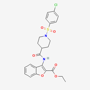 molecular formula C23H23ClN2O6S B2529640 Ethyl 3-(1-((4-chlorophenyl)sulfonyl)piperidine-4-carboxamido)benzofuran-2-carboxylate CAS No. 923511-76-6