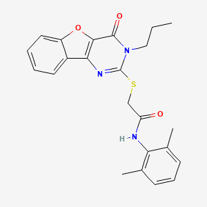 molecular formula C23H23N3O3S B2529652 N-(2,6-dimethylphenyl)-2-({6-oxo-5-propyl-8-oxa-3,5-diazatricyclo[7.4.0.0^{2,7}]trideca-1(9),2(7),3,10,12-pentaen-4-yl}sulfanyl)acetamide CAS No. 899755-97-6
