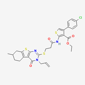molecular formula C30H30ClN3O4S3 B2529691 ethyl 4-(4-chlorophenyl)-2-(3-{[11-methyl-3-oxo-4-(prop-2-en-1-yl)-8-thia-4,6-diazatricyclo[7.4.0.0^{2,7}]trideca-1(9),2(7),5-trien-5-yl]sulfanyl}propanamido)thiophene-3-carboxylate CAS No. 690644-59-8