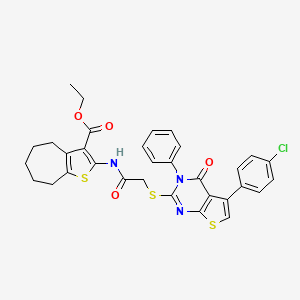 molecular formula C32H28ClN3O4S3 B2529992 ethyl 2-(2-{[5-(4-chlorophenyl)-4-oxo-3-phenyl-3H,4H-thieno[2,3-d]pyrimidin-2-yl]sulfanyl}acetamido)-4H,5H,6H,7H,8H-cyclohepta[b]thiophene-3-carboxylate CAS No. 670273-90-2