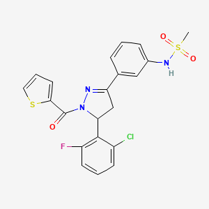 molecular formula C21H17ClFN3O3S2 B2530188 N-{3-[5-(2-chloro-6-fluorophenyl)-1-(thiophene-2-carbonyl)-4,5-dihydro-1H-pyrazol-3-yl]phenyl}methanesulfonamide CAS No. 838394-42-6