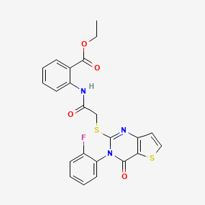 molecular formula C23H18FN3O4S2 B2530239 ethyl 2-(2-{[3-(2-fluorophenyl)-4-oxo-3H,4H-thieno[3,2-d]pyrimidin-2-yl]sulfanyl}acetamido)benzoate CAS No. 1261022-24-5