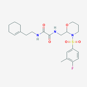 molecular formula C22H30FN3O5S B2530292 N'-[2-(cyclohex-1-en-1-yl)ethyl]-N-{[3-(4-fluoro-3-methylbenzenesulfonyl)-1,3-oxazinan-2-yl]methyl}ethanediamide CAS No. 872724-89-5
