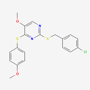 molecular formula C19H17ClN2O2S2 B2530323 2-((4-Chlorobenzyl)sulfanyl)-4-((4-methoxyphenyl)sulfanyl)-5-pyrimidinyl methyl ether CAS No. 338423-12-4