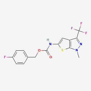 molecular formula C15H11F4N3O2S B2530330 (4-fluorophenyl)methyl N-[1-methyl-3-(trifluoromethyl)-1H-thieno[2,3-c]pyrazol-5-yl]carbamate CAS No. 866143-87-5
