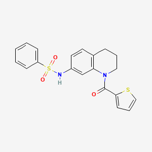 molecular formula C20H18N2O3S2 B2530587 N-[1-(thiophene-2-carbonyl)-1,2,3,4-tetrahydroquinolin-7-yl]benzenesulfonamide CAS No. 946267-78-3