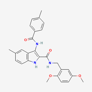 molecular formula C27H27N3O4 B2530662 N-[(2,5-dimethoxyphenyl)methyl]-5-methyl-3-(4-methylbenzamido)-1H-indole-2-carboxamide CAS No. 1029724-55-7