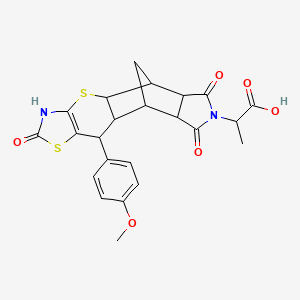 molecular formula C23H22N2O6S2 B2531042 2-((4aR,5R,5aR,8aR,9S)-10-(4-methoxyphenyl)-2,6,8-trioxo-2,3,4a,5,5a,6,8a,9,9a,10-decahydro-5,9-methanothiazolo[5',4':5,6]thiopyrano[2,3-f]isoindol-7(8H)-yl)propanoic acid CAS No. 1025086-18-3
