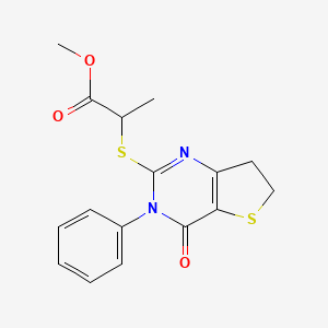 molecular formula C16H16N2O3S2 B2531243 methyl 2-({4-oxo-3-phenyl-3H,4H,6H,7H-thieno[3,2-d]pyrimidin-2-yl}sulfanyl)propanoate CAS No. 686771-02-8