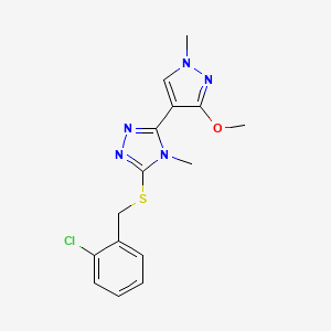 molecular formula C15H16ClN5OS B2531267 3-((2-chlorobenzyl)thio)-5-(3-methoxy-1-methyl-1H-pyrazol-4-yl)-4-methyl-4H-1,2,4-triazole CAS No. 1014093-06-1