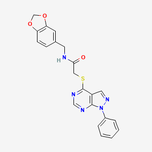 molecular formula C21H17N5O3S B2531345 N-[(2H-1,3-benzodioxol-5-yl)methyl]-2-({1-phenyl-1H-pyrazolo[3,4-d]pyrimidin-4-yl}sulfanyl)acetamide CAS No. 872856-68-3