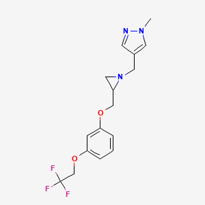 molecular formula C16H18F3N3O2 B2531703 1-Methyl-4-[[2-[[3-(2,2,2-trifluoroethoxy)phenoxy]methyl]aziridin-1-yl]methyl]pyrazole CAS No. 2418672-64-5