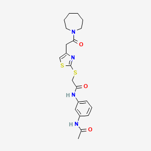 molecular formula C21H26N4O3S2 B2532133 N-(3-acetamidophenyl)-2-((4-(2-(azepan-1-yl)-2-oxoethyl)thiazol-2-yl)thio)acetamide CAS No. 954039-30-6