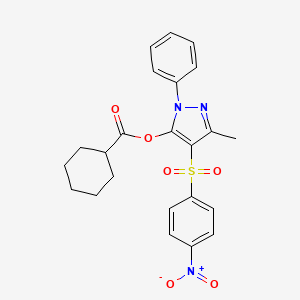 molecular formula C23H23N3O6S B2532237 3-methyl-4-((4-nitrophenyl)sulfonyl)-1-phenyl-1H-pyrazol-5-yl cyclohexanecarboxylate CAS No. 851093-69-1