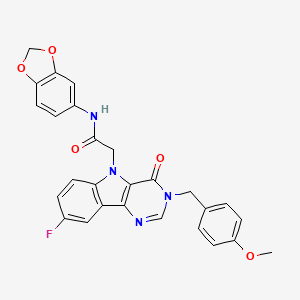 molecular formula C27H21FN4O5 B2532475 N-(2H-1,3-benzodioxol-5-yl)-2-{8-fluoro-3-[(4-methoxyphenyl)methyl]-4-oxo-3H,4H,5H-pyrimido[5,4-b]indol-5-yl}acetamide CAS No. 1216706-14-7